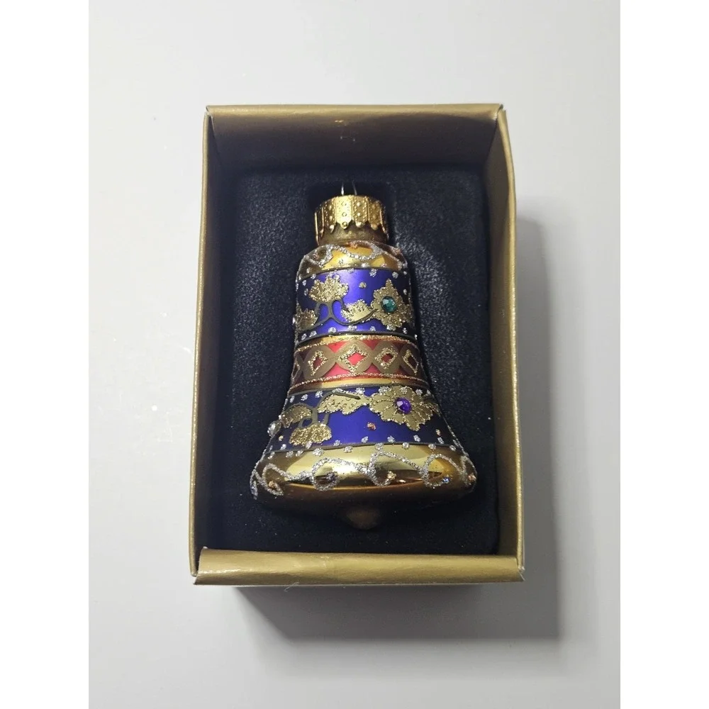 Hand Blown Glass Jeweled Bell Christmas Tree Ornament Blue Gold Glitter In Box